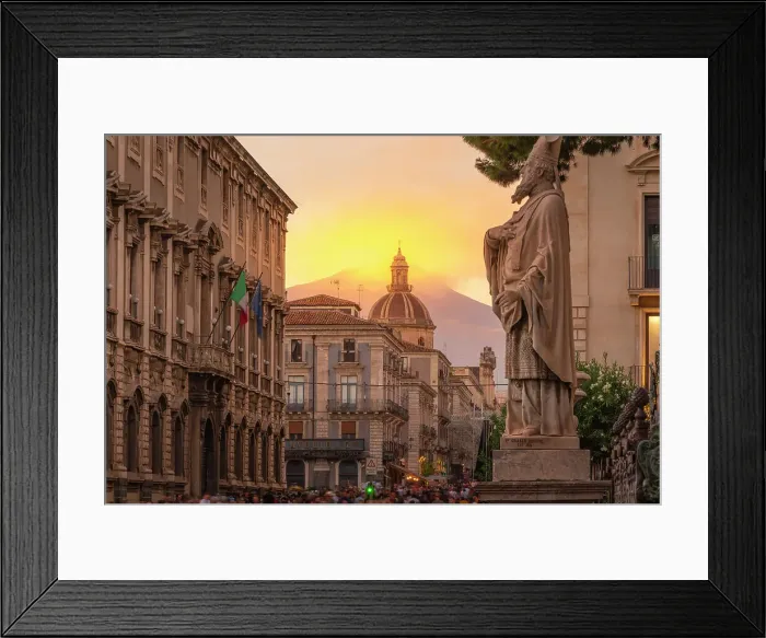 Framed Print : View of Piazza Duomo and Mount Etna in the background at sunset, Catania, Sicily, Italy, Europe Framed Print : View of Piazza Duomo and Mount Etna in the background at sunset, Catania, Sicily, Italy, Europe