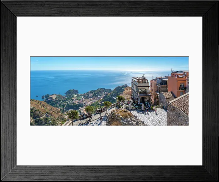 Framed Print : View of Piazza Saint Antonio in Castelmola and Taormina in background, Taormina, Sicily, Italy, Europe Framed Print : View of Piazza Saint Antonio in Castelmola and Taormina in background, Taormina, Sicily, Italy, Europe