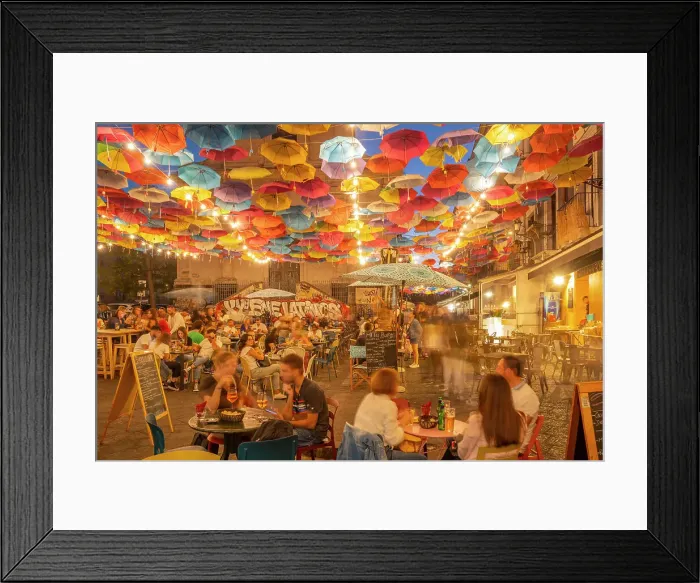 Framed Print : View of colurful umbrellas and restaurants on via Gisira at night, Catania, Sicily, Italy, Europe Framed Print : View of colurful umbrellas and restaurants on via Gisira at night, Catania, Sicily, Italy, Europe
