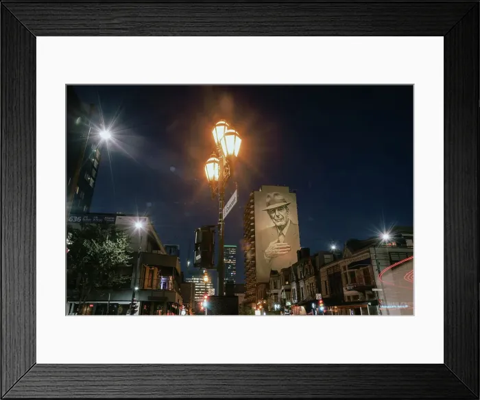 Framed Print : Leonard Cohen Mural at night, Downtown Montreal, Quebec, Canada Framed Print : Leonard Cohen Mural at night, Downtown Montreal, Quebec, Canada
