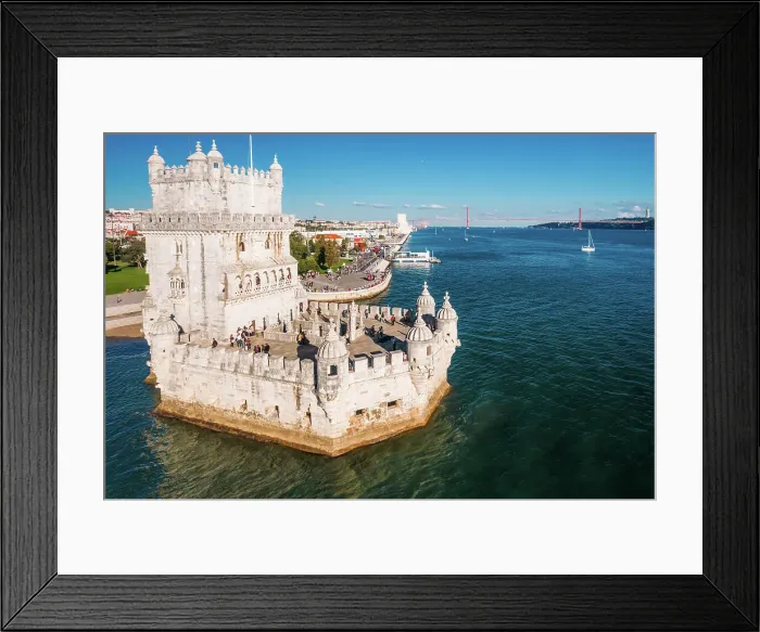 Framed Print : Aerial drone view of Belem Tower, a 16th-century fortification located in Lisbon, Portugal on the Tagus River Framed Print : Aerial drone view of Belem Tower, a 16th-century fortification located in Lisbon, Portugal on the Tagus River