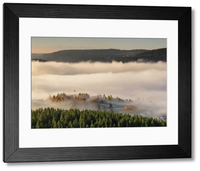 Framed Print : Early morning fog over Schluchsee Lake, Southern Black Forest, Baden-Wurttemberg, Germany Framed Print : Early morning fog over Schluchsee Lake, Southern Black Forest, Baden-Wurttemberg, Germany