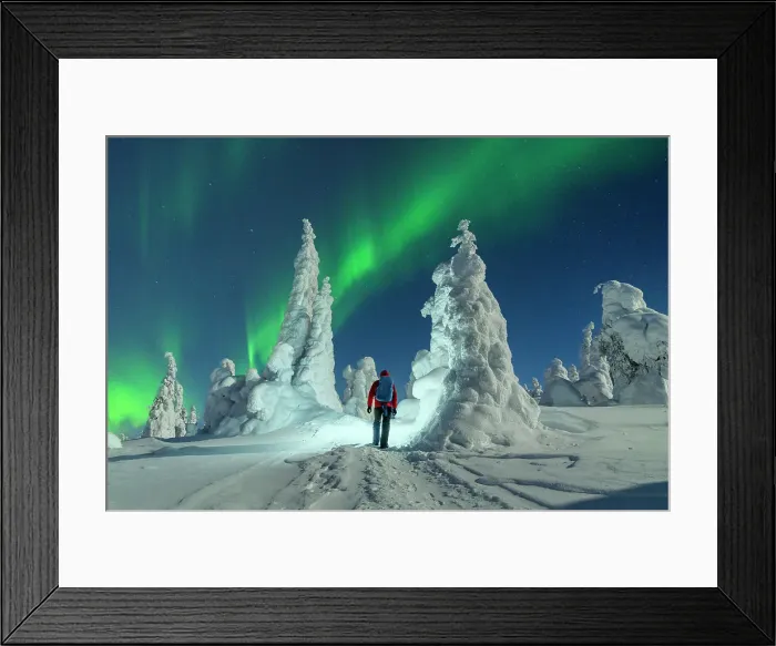Framed Print : Hiker with backpack enjoying watching the Northern Lights over frozen trees, Riisitunturi National Park, Posio, Lapland, Finland Framed Print : Hiker with backpack enjoying watching the Northern Lights over frozen trees, Riisitunturi National Park, Posio, Lapland, Finland