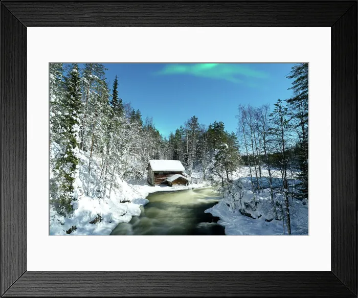 Framed Print : Northern Lights over a chalet overlooking Myllikoski rapids of frozen river, Ruka Kuusamo, Lapland, Finland Framed Print : Northern Lights over a chalet overlooking Myllikoski rapids of frozen river, Ruka Kuusamo, Lapland, Finland