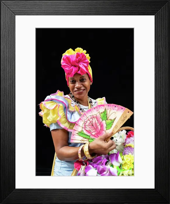 Framed Print : Colourful flower girl with headdress, fan and basket, Havana, Cuba, West Indies, Caribbean, Central America Framed Print : Colourful flower girl with headdress, fan and basket, Havana, Cuba, West Indies, Caribbean, Central America
