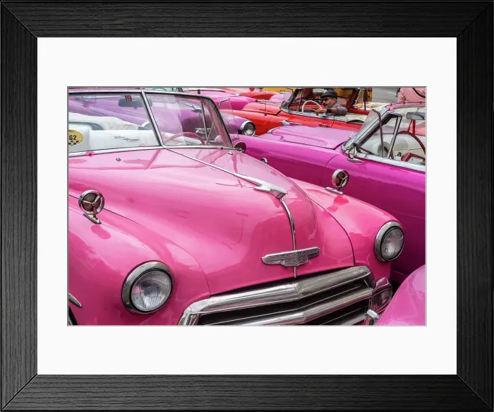 Framed Print : A convention of pink Chevrolet classic cars, Havana, Cuba, West Indies, Caribbean, Central America