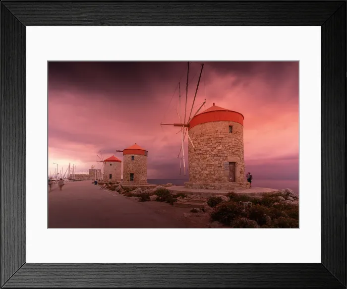 Framed Print : View of Rhodes Windmills at sunset, Old Rhodes Town, Rhodes, Dodecanese, Greek Islands, Greece, Europe Framed Print : View of Rhodes Windmills at sunset, Old Rhodes Town, Rhodes, Dodecanese, Greek Islands, Greece, Europe