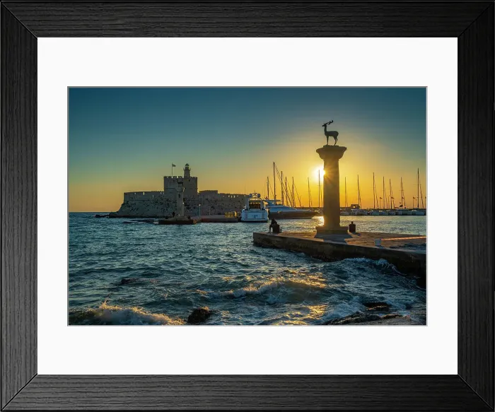 Framed Print : View of bronze stag and doe statues and Saint Nicholas Fortress at sunrise, UNESCO World Heritage Site, City of Rhodes, Rhodes, Dodecanese Islands, Greek Islands, Greece, Europe Framed Print : View of bronze stag and doe statues and Saint Nicholas Fortress at sunrise, UNESCO World Heritage Site, City of Rhodes, Rhodes, Dodecanese Islands, Greek Islands, Greece, Europe