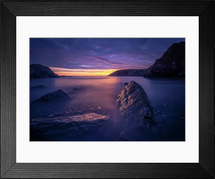 Framed Print : Dawn twilight with clouds at Sandy Bay, North Devon, England, United Kingdom, Europe