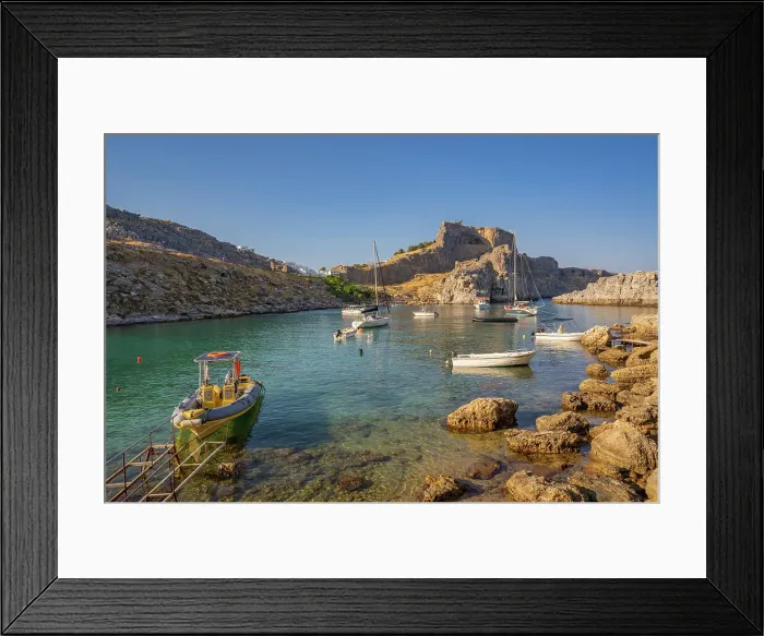 Framed Print : View of sailboats in St. Paul's Bay, Lindos, and Lindos Acropolis from beach, Lindos, Rhodes, Dodecanese Island Group, Greek Islands, Greece, Europe Framed Print : View of sailboats in St. Paul's Bay, Lindos, and Lindos Acropolis from beach, Lindos, Rhodes, Dodecanese Island Group, Greek Islands, Greece, Europe