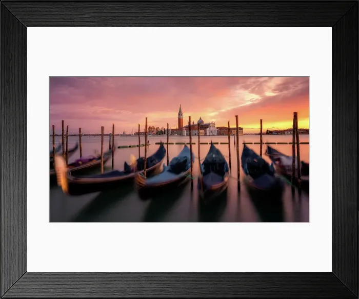 Framed Print : Venetian gondolas at sunset with the church of San Giorgio Maggiore in the background, Venice, UNESCO World Heritage Site, Veneto, Italy, Europe Framed Print : Venetian gondolas at sunset with the church of San Giorgio Maggiore in the background, Venice, UNESCO World Heritage Site, Veneto, Italy, Europe