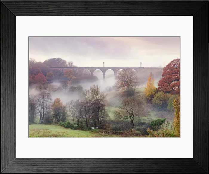 Framed Print : Morning mist swirling among the autumn coloured trees and railway viaduct at Dane-In-Shaw Pasture, Cheshire, England, United Kingdom, Europe Framed Print : Morning mist swirling among the autumn coloured trees and railway viaduct at Dane-In-Shaw Pasture, Cheshire, England, United Kingdom, Europe