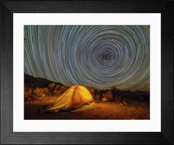 Framed Print : Night view of a pitched tent in the Alabama Hills National Scenic Area, and star trails, California, United States of America, North America