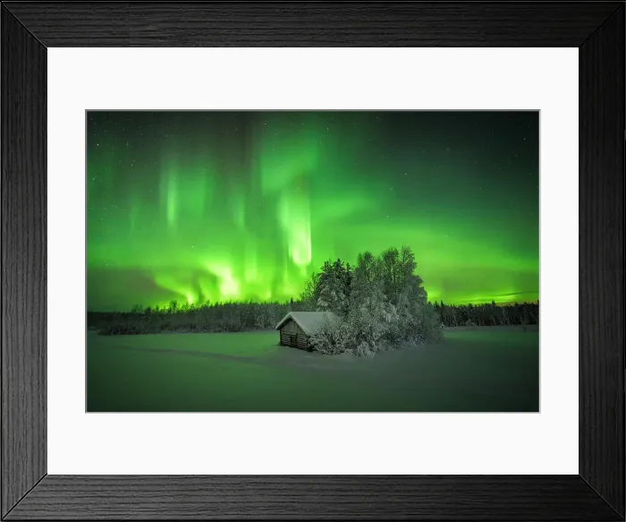 Framed Print : Frozen mountain hut in the arctic snowy forest lit by green lights of Aurora Borealis (Northern Lights), Tornio, Lulea, Lapland, Sweden, Scandinavia, Europe Framed Print : Frozen mountain hut in the arctic snowy forest lit by green lights of Aurora Borealis (Northern Lights), Tornio, Lulea, Lapland, Sweden, Scandinavia, Europe
