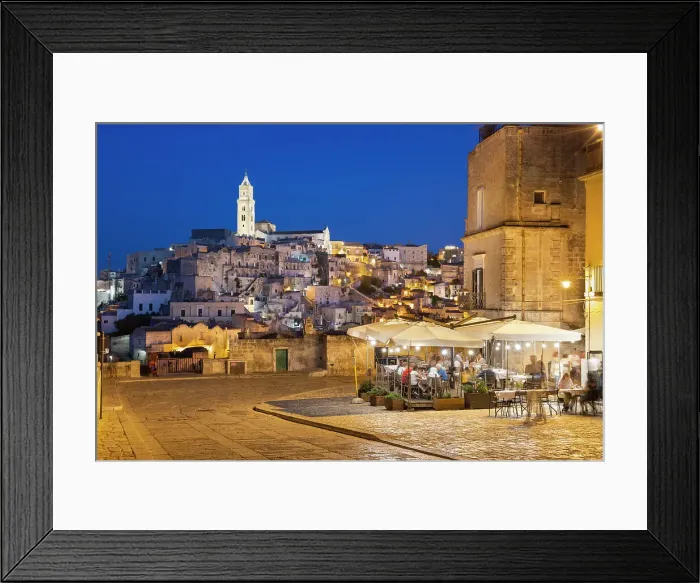Framed Print : Restaurant at night with the Sassi di Matera old town floodlit, UNESCO World Heritage Site, Via D'Addozio, Matera, Basilicata, Italy, Europe