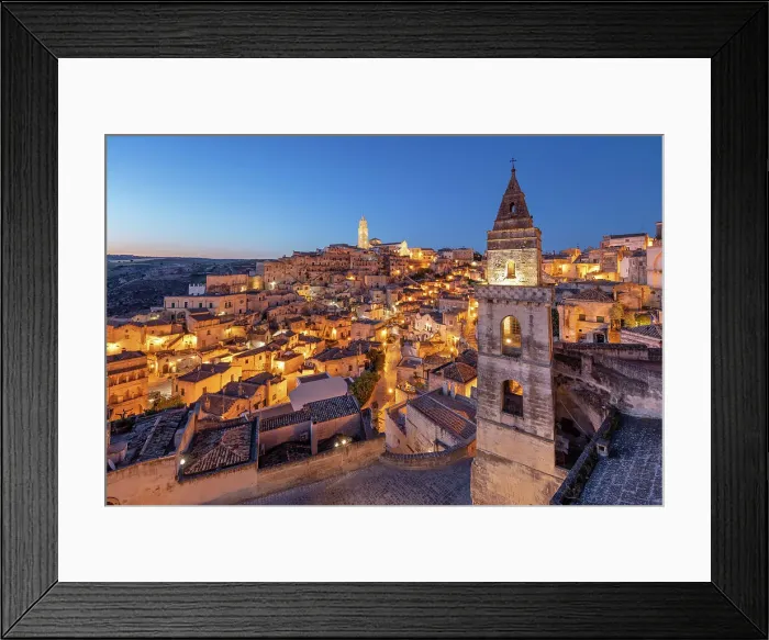 Framed Print : View over the Sassi di Matera old town with the campanile of the church of Saint Peter Barisano floodlit at dawn, UNESCO World Heritage Site, Matera, Basilicata, Italy, Europe Framed Print : View over the Sassi di Matera old town with the campanile of the church of Saint Peter Barisano floodlit at dawn, UNESCO World Heritage Site, Matera, Basilicata, Italy, Europe