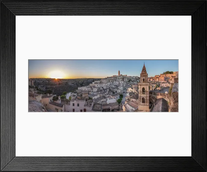 Framed Print : Sun rising over the canyon and Sassi di Matera old town with the campanile of the church of Saint Peter Barisano, UNESCO World Heritage Site, Matera, Basilicata, Italy, Europe Framed Print : Sun rising over the canyon and Sassi di Matera old town with the campanile of the church of Saint Peter Barisano, UNESCO World Heritage Site, Matera, Basilicata, Italy, Europe