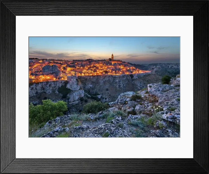 Framed Print : Dusk over the Gravina River canyon and the floodlit Sassi di Matera old town, UNESCO World Heritage Site, Matera, Basilicata, Italy, Europe Framed Print : Dusk over the Gravina River canyon and the floodlit Sassi di Matera old town, UNESCO World Heritage Site, Matera, Basilicata, Italy, Europe