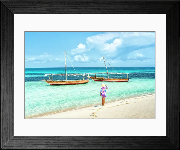 Framed Print : Cheerful woman with hat admiring the crystal clear sea standing on a beach, Kwale Island, Zanzibar, Tanzania, East Africa, Africa Framed Print : Cheerful woman with hat admiring the crystal clear sea standing on a beach, Kwale Island, Zanzibar, Tanzania, East Africa, Africa