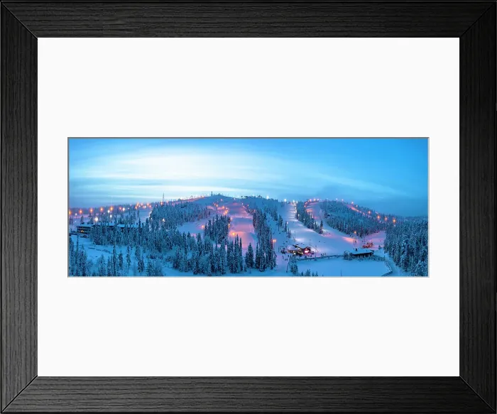 Framed Print : Winter dusk over the snowy ski slopes of Ruka tourist resort, aerial view, Kuusamo, Northern Ostrobothnia, Lapland, Finland, Europe Framed Print : Winter dusk over the snowy ski slopes of Ruka tourist resort, aerial view, Kuusamo, Northern Ostrobothnia, Lapland, Finland, Europe