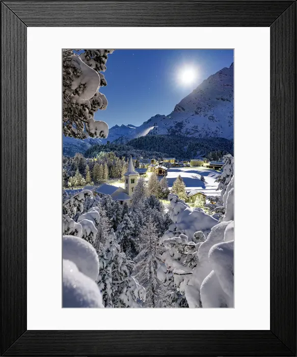 Framed Print : Full moon over Chiesa Bianca covered with snow surrounded by woods, Maloja, Bregaglia Valley, Engadine, Canton of Graubunden, Switzerland, Europe