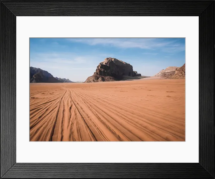 Framed Print : Tyre tracks in the sand in the Wadi Rum desert, UNESCO World Heritage Site, Jordan, Middle East Framed Print : Tyre tracks in the sand in the Wadi Rum desert, UNESCO World Heritage Site, Jordan, Middle East