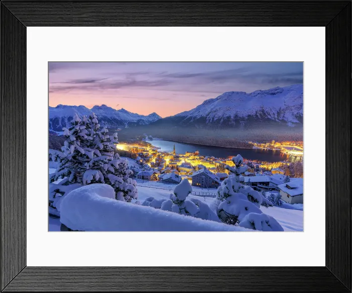 Framed Print : Fairy tale view of Saint Moritz on a snowy winter dusk, Engadine, Graubunden canton, Switzerland, Europe Framed Print : Fairy tale view of Saint Moritz on a snowy winter dusk, Engadine, Graubunden canton, Switzerland, Europe