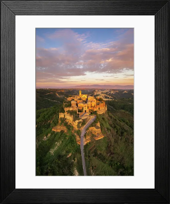 Framed Print : Aerial panoramic view of the medieval village of Civita di Bagnoregio at sunset, Viterbo province, Latium (Lazio), Italy, Europe Framed Print : Aerial panoramic view of the medieval village of Civita di Bagnoregio at sunset, Viterbo province, Latium (Lazio), Italy, Europe