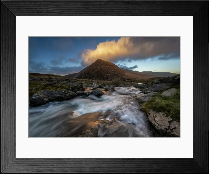 Framed Print : Water cascading down a fall towards Llyn Dinas backed with mountain range, Snowdonia, Wales, United Kingdom, Europe Framed Print : Water cascading down a fall towards Llyn Dinas backed with mountain range, Snowdonia, Wales, United Kingdom, Europe