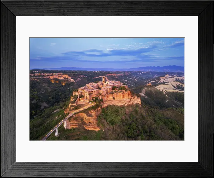 Framed Print : Aerial view of the medieval village of Civita di Bagnoregio at dusk, Viterbo province, Latium (Lazio), Italy, Europe Framed Print : Aerial view of the medieval village of Civita di Bagnoregio at dusk, Viterbo province, Latium (Lazio), Italy, Europe