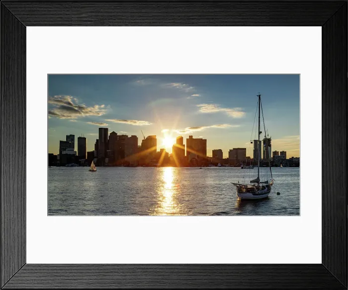 Framed Print : Sun flare over Boston from the East, Boston, Massachusetts, New England, United States of America, North America Framed Print : Sun flare over Boston from the East, Boston, Massachusetts, New England, United States of America, North America
