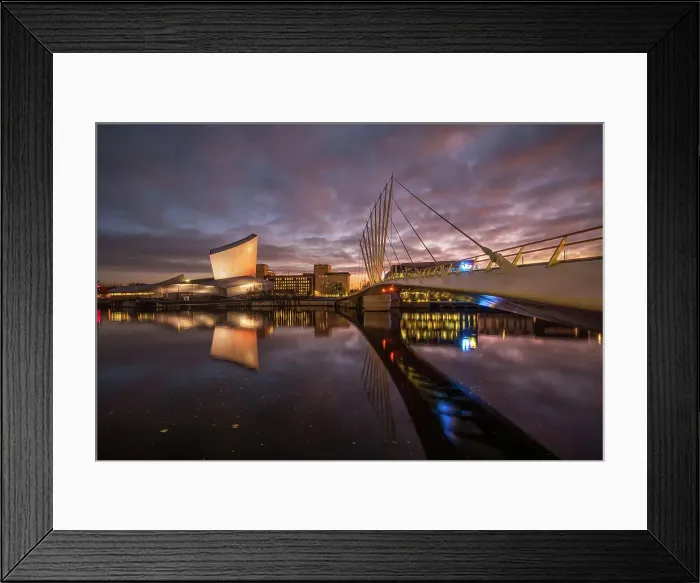 Framed Print : Imperial War Museum North and swingbridge reflected at night, Salford Quays, Manchester, England, United Kingdom, Europe Framed Print : Imperial War Museum North and swingbridge reflected at night, Salford Quays, Manchester, England, United Kingdom, Europe