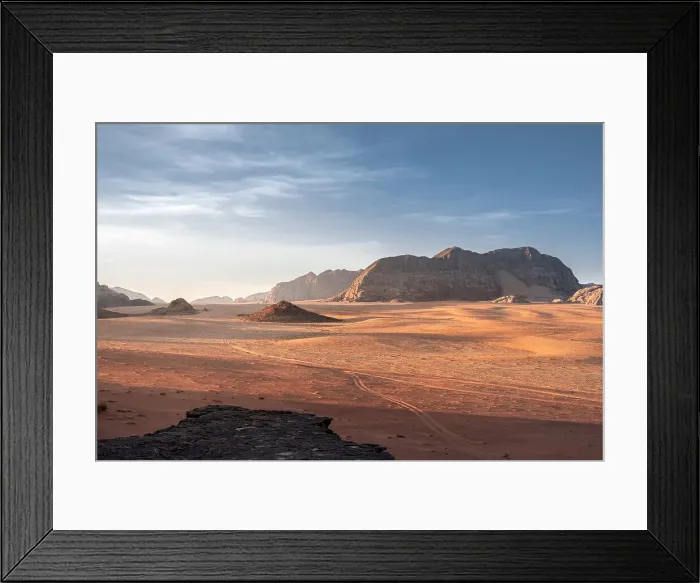 Framed Print : Wadi Rum plain at sunrise with soft light over the sand dunes and mountains, UNESCO World Heritage Site, Jordan, Middle East Framed Print : Wadi Rum plain at sunrise with soft light over the sand dunes and mountains, UNESCO World Heritage Site, Jordan, Middle East