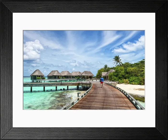 Framed Print : Man walking on a wooden jetty, Baa Atoll, Maldives, Indian Ocean, Asia Framed Print : Man walking on a wooden jetty, Baa Atoll, Maldives, Indian Ocean, Asia