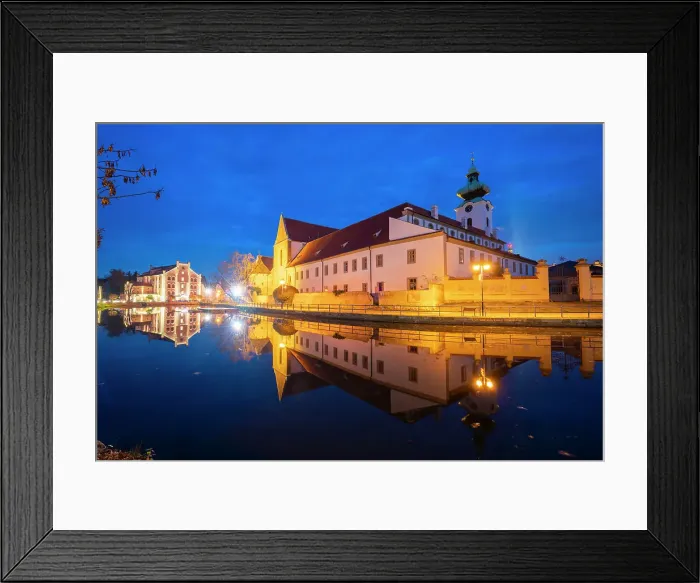 Framed Print : Dominican Monastery reflecting in Malse River at twilight, Ceske Budejovice, South Bohemian Region, Czech Republic (Czechia), Europe Framed Print : Dominican Monastery reflecting in Malse River at twilight, Ceske Budejovice, South Bohemian Region, Czech Republic (Czechia), Europe
