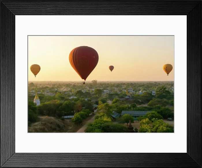 Framed Print : Hot-air balloons at sunrise over village near Bagan (Pagan), Myanmar (Burma), Asia Framed Print : Hot-air balloons at sunrise over village near Bagan (Pagan), Myanmar (Burma), Asia