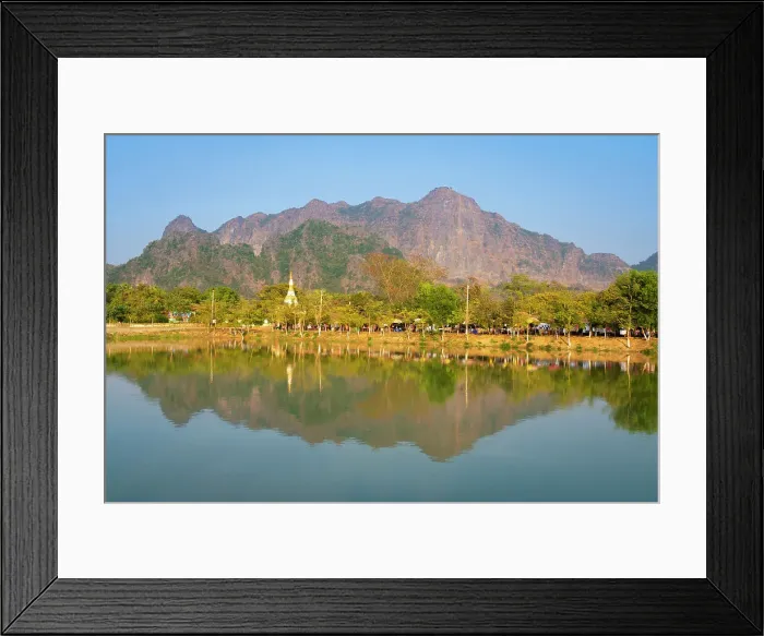 Framed Print : Lake by Kyaut Ka Latt Pagoda and mountain, Hpa-An, Myanmar (Burma), Asia Framed Print : Lake by Kyaut Ka Latt Pagoda and mountain, Hpa-An, Myanmar (Burma), Asia