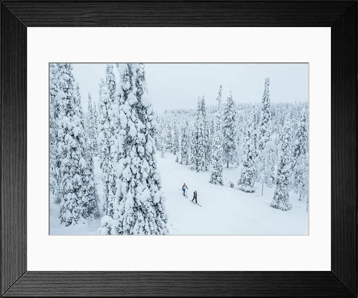 Framed Print : Two people cross country skiing in the snowy forest, aerial view, Lapland, Finland, Europe Framed Print : Two people cross country skiing in the snowy forest, aerial view, Lapland, Finland, Europe