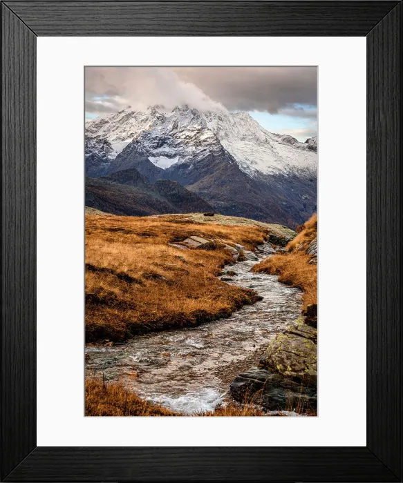 Framed Print : Flowing water of stream at foot of Monte Disgrazia in autumn, Alpe Fora, Valmalenco, Valtellina, Lombardy, Italy, Europe Framed Print : Flowing water of stream at foot of Monte Disgrazia in autumn, Alpe Fora, Valmalenco, Valtellina, Lombardy, Italy, Europe