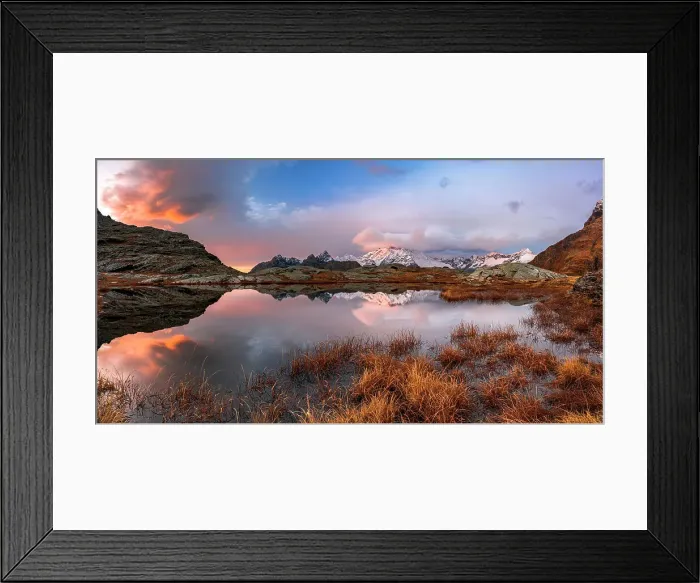 Framed Print : Multicolored sky at dawn over the snowy peak of Monte Disgrazia in autumn, Alpe Fora, Valmalenco, Valtellina, Lombardy, Italy, Europe Framed Print : Multicolored sky at dawn over the snowy peak of Monte Disgrazia in autumn, Alpe Fora, Valmalenco, Valtellina, Lombardy, Italy, Europe