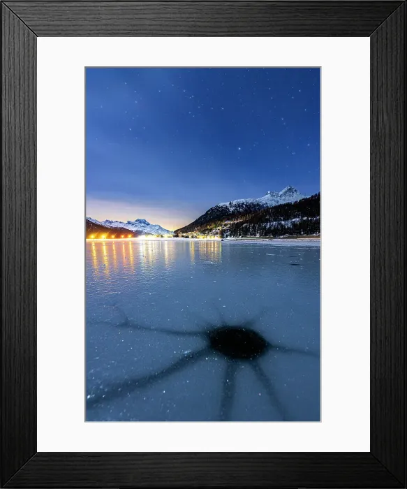 Framed Print : Cracked ice on the frozen surface of Lake Champfer in winter, Silvaplana, Engadine, canton of Graubunden, Switzerland, Europe