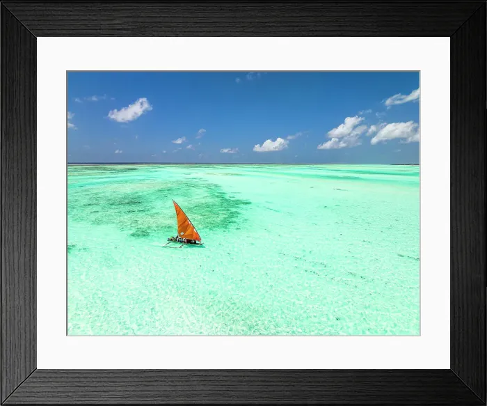 Framed Print : Aerial view of a dhow sailing in the transparent lagoon, Paje, Jambiani, Zanzibar, Tanzania, East Africa, Africa Framed Print : Aerial view of a dhow sailing in the transparent lagoon, Paje, Jambiani, Zanzibar, Tanzania, East Africa, Africa
