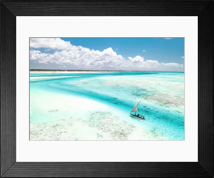 Framed Print : Overhead view of tourist boat on coral reef in the exotic lagoon, Paje, Jambiani, Zanzibar, Tanzania, East Africa, Africa Framed Print : Overhead view of tourist boat on coral reef in the exotic lagoon, Paje, Jambiani, Zanzibar, Tanzania, East Africa, Africa