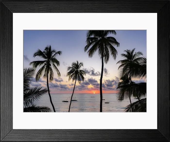 Framed Print : Silhouettes of palm trees with boats moored in the sea at dawn on background, Jambiani, Zanzibar, Tanzania, East Africa, Africa Framed Print : Silhouettes of palm trees with boats moored in the sea at dawn on background, Jambiani, Zanzibar, Tanzania, East Africa, Africa