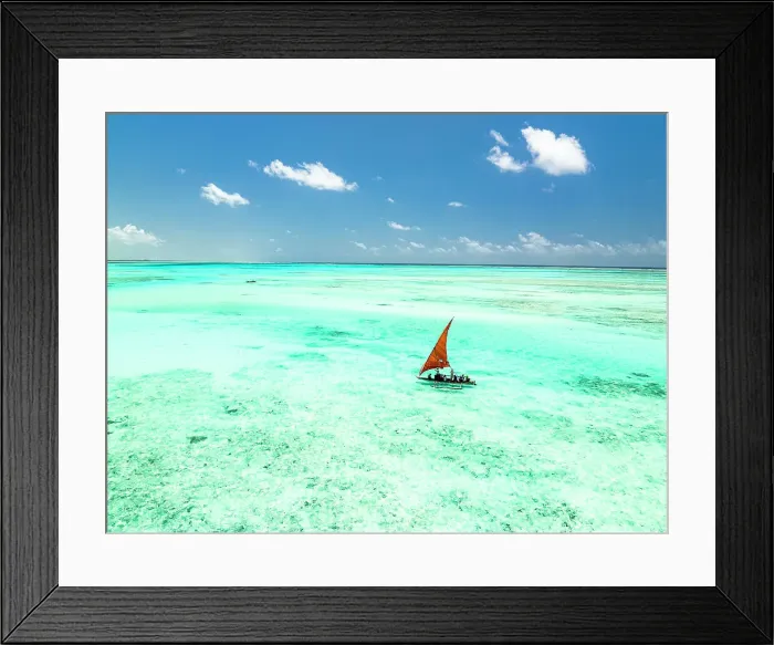 Framed Print : Tourists enjoying a boat trip on traditional dhow in the crystal sea, Paje, Jambiani, Zanzibar, Tanzania, East Africa, Africa