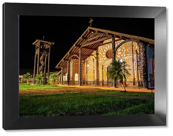 Front portal of the Mission of Concepcion at night, Jesuit Missions of Chiquitos, UNESCO World Heritage Site, Santa Cruz department, Bolivia, South America