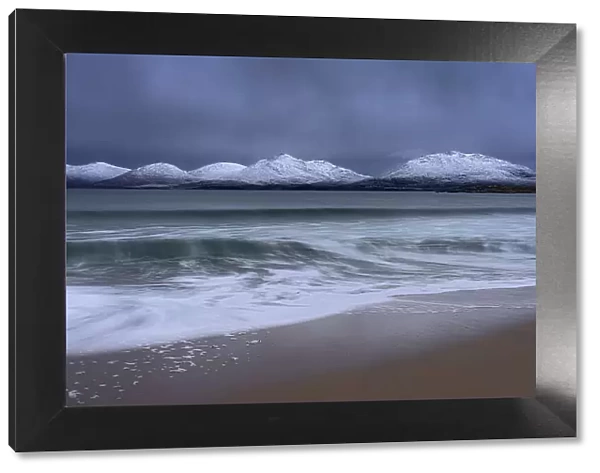 Winter at Luskentyre beach with snow capped mountains, Isle of Harris, Outer Hebrides, Scotland, United Kingdom, Europe