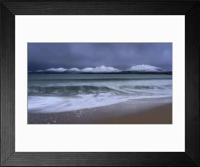 Framed Print : Winter at Luskentyre beach with snow capped mountains, Isle of Harris, Outer Hebrides, Scotland, United Kingdom, Europe Framed Print : Winter at Luskentyre beach with snow capped mountains, Isle of Harris, Outer Hebrides, Scotland, United Kingdom, Europe