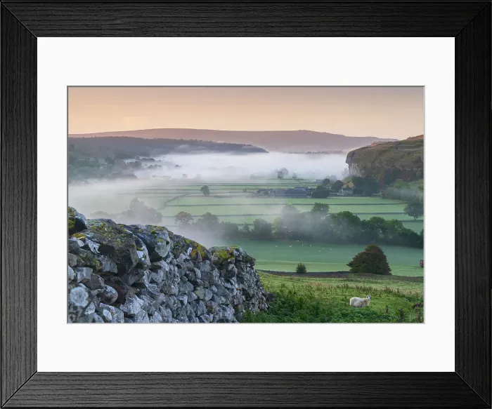 Framed Print : Kilnsey Crag and low lying mist at daybreak in Wharfedale, The Yorkshire Dales, Yorkshire, England, United Kingdom, Europe Framed Print : Kilnsey Crag and low lying mist at daybreak in Wharfedale, The Yorkshire Dales, Yorkshire, England, United Kingdom, Europe