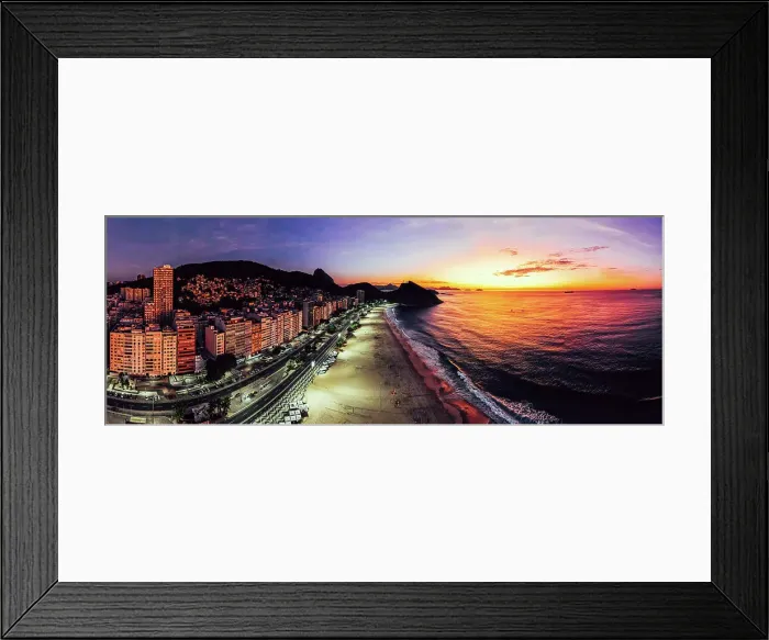 Framed Print : Panoramic aerial drone view of Leme Beach in the Copacabana district at sunrise with the iconic Sugarloaf Mountain in the background, UNESCO World Heritage Site, Rio de Janeiro, Brazil, South America Framed Print : Panoramic aerial drone view of Leme Beach in the Copacabana district at sunrise with the iconic Sugarloaf Mountain in the background, UNESCO World Heritage Site, Rio de Janeiro, Brazil, South America